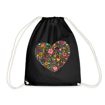 Hearts Flowers Blossoms Peace Sign Yin and Yang - Drawstring Bag - black - Front
