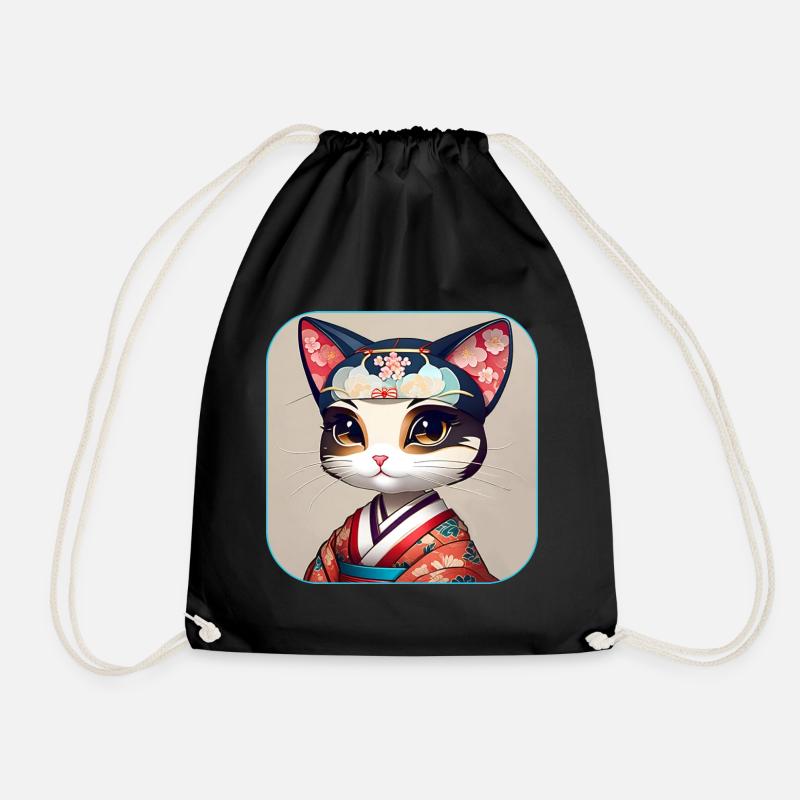 Cute asian lucky cat - Drawstring Bag - black