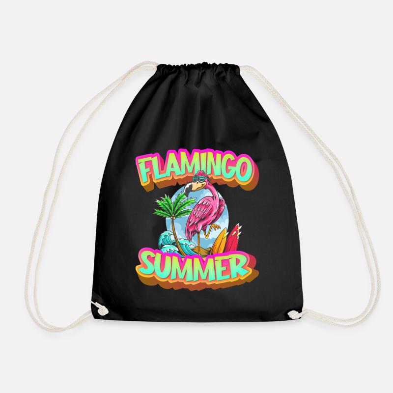 Flamingo Summer Sun Holiday Beach Sea Palm Trees - Drawstring Bag - black