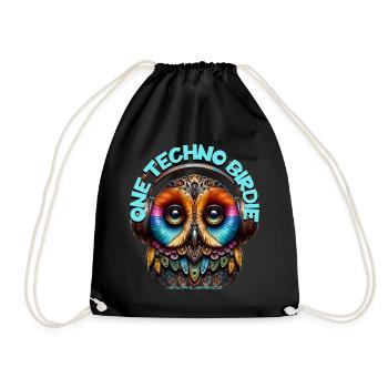 ONE TECHNO BIRDIE - Cute Owl with Headphones! - Drawstring Bag - black - Front