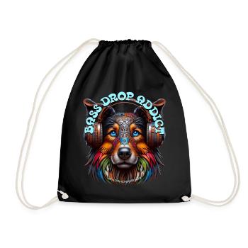 BASS DROP ADDICT – Cute Collie with Headphones! - Drawstring Bag - black - Front