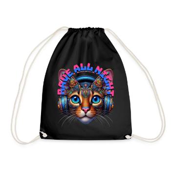 RAVE ALL NIGHT - Cute Abyssinian Cat & Headphones! - Drawstring Bag - black - Front