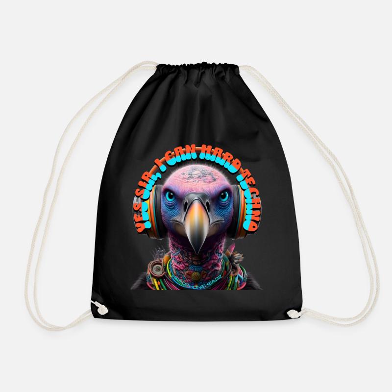 YES SIR I CAN HARD TECHNO - Vulture & Headphones! - Drawstring Bag - black