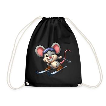 Ski Mouse Skier Winter Winter Sports Cartoon - Drawstring Bag - black - Front