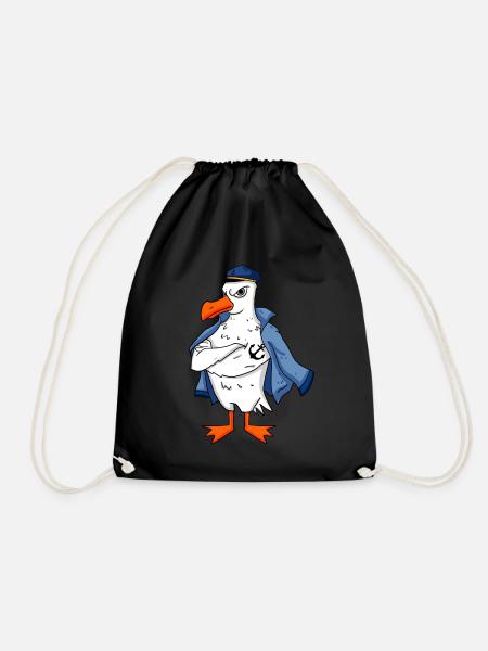Muscular seagull with anchor tattoo seagull gift - Drawstring Bag - black