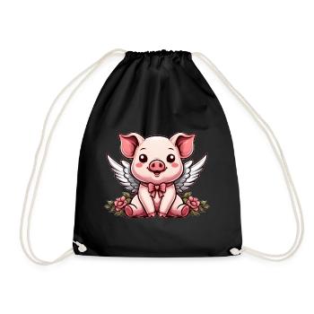 Mignon Cochon Ange Roses Dessin Animé Ailes - Sac de sport léger - noir - Devant