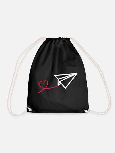 Paperplane with Heart, paper plane with heart - Drawstring Bag - black