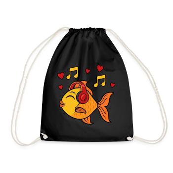 Cute Goldfish Music Notes Musician Fish - Drawstring Bag - black - Front