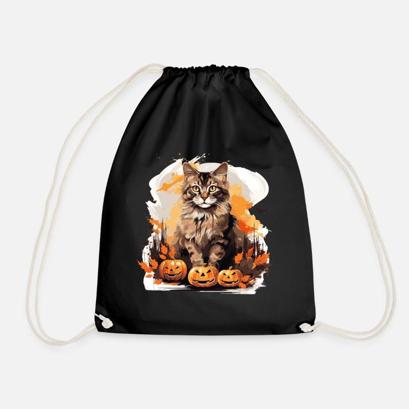 Maine Coon Fall Halloween Cat - Drawstring Bag - black