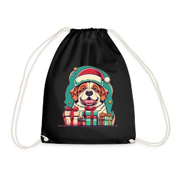 Glücklicher Hund Weihnachtsmütze mit Weihnachtsgeschenk - Turnbeutel - Schwarz - Vorne