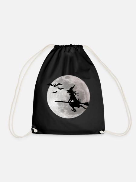 Halloween Hexe mit Katze fliegt am Himmel - Turnbeutel - Schwarz
