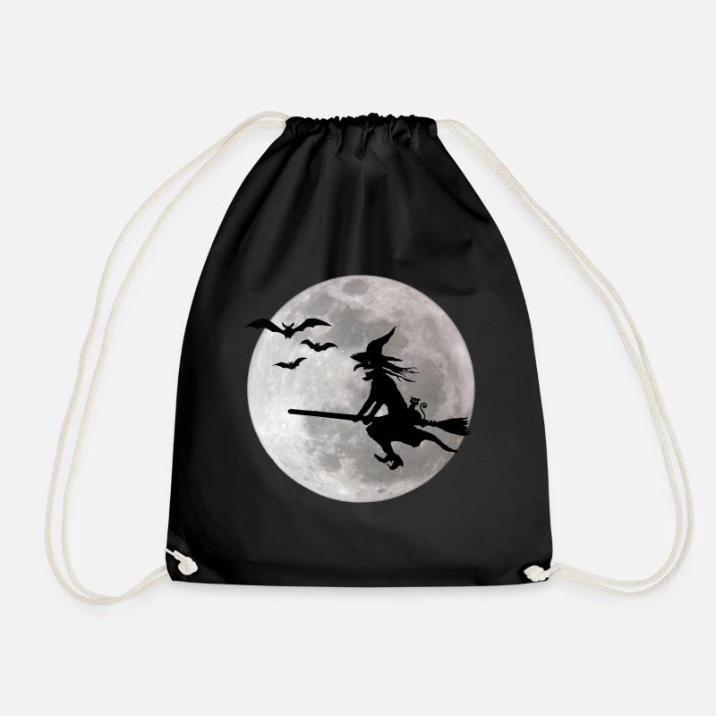 Halloween Hexe mit Katze fliegt am Himmel - Turnbeutel - Schwarz