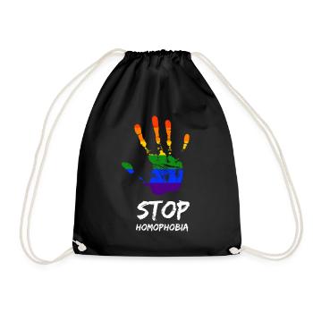 Stop Homophobia LGBT Gay Pride CSD Hand Regenbogen - Turnbeutel - Schwarz - Vorne