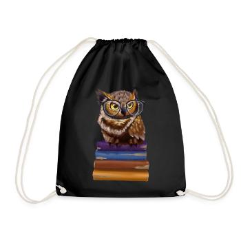 Owl Book Reading Reader Reading Friends Funny Owls - Drawstring Bag - black - Front