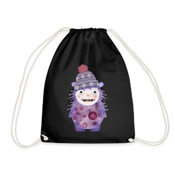 cute purple monster with winter hat - Drawstring Bag - black - Front