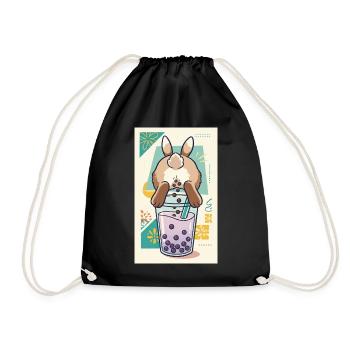 Cute Bunny Funny Boba Bubble Tea - Drawstring Bag - black - Front