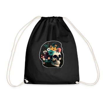 Human Skull & Flowers 8 - Drawstring Bag - black - Front