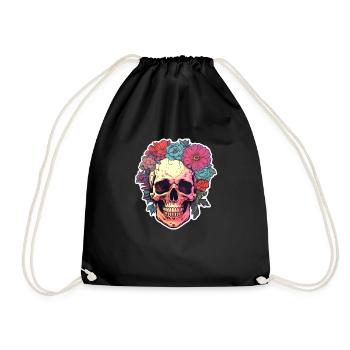Human Skull & Flowers 3 - Drawstring Bag - black - Front
