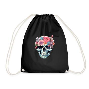 Human Skull & Flowers 16 - Drawstring Bag - black - Front