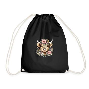 Scottish Highland Cow with Flowers - Drawstring Bag - black - Front