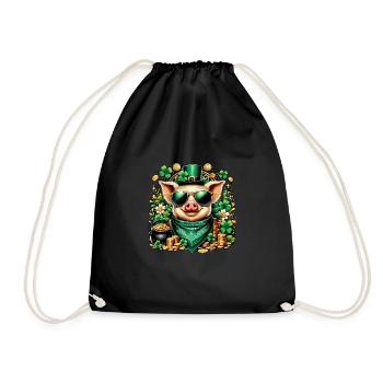 Cool pig with shamrock - Drawstring Bag - black - Front