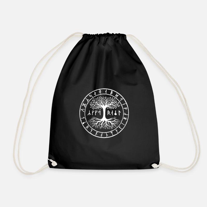 Yggdrasil with Viking alphabet in white - Drawstring Bag - black