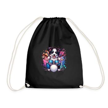 Cool Border Collie Drummer Design - Drawstring Bag - black - Front