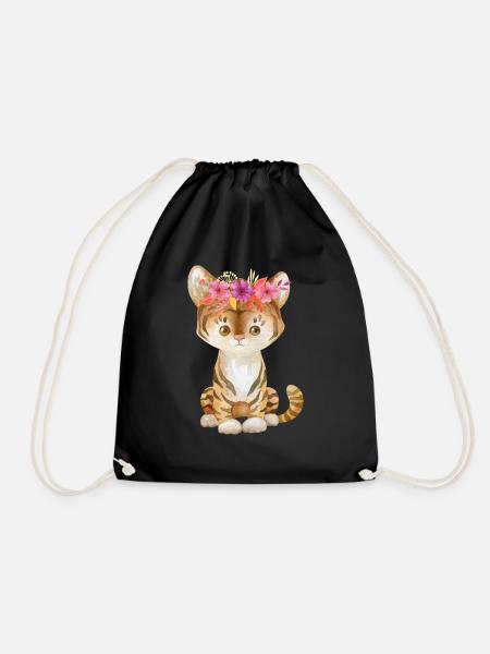 Lion animal child animal baby flower wreath children forest - Drawstring Bag - black