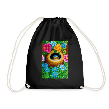 Bird in its nest surrounded by flowers - Drawstring Bag - black - Front