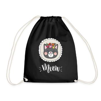 Niedliche Kawaii lustige Katze mit Blumen, die Miauen sagen - Turnbeutel - Schwarz - Vorne