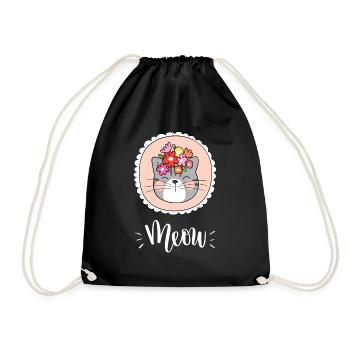 Niedliche Kawaii lustige Katze mit Blumen, die Miauen sagen - Turnbeutel - Schwarz - Vorne