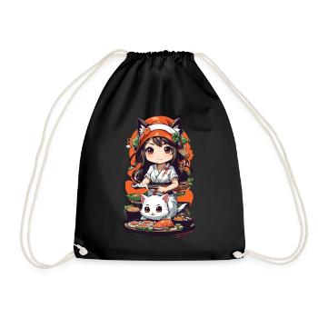 Kawaii Anime Sushi Kemomimi Master with Cat - Drawstring Bag - black - Front