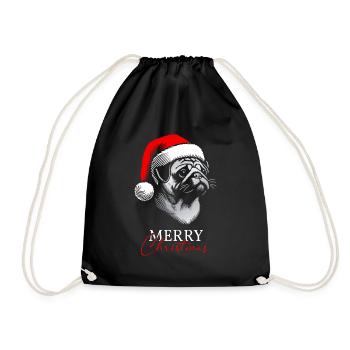 Pug Merry Christmas, Dog Head, Drawing - Drawstring Bag - black - Front