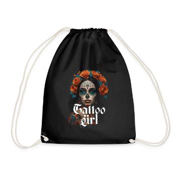 beautiful tattoo girl with red flowers - Drawstring Bag - black - Front