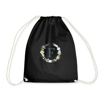 Customizable Monogram F Flowers Circle Spring - Drawstring Bag - black - Front