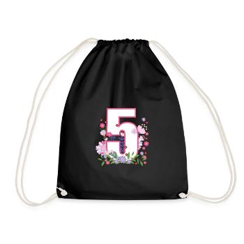 5th birthday T-shirt flowers - Drawstring Bag - black - Front