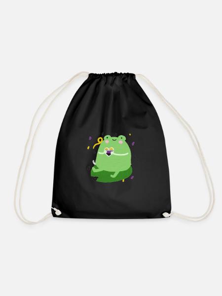 Sweet frog with non-binary pride flag colors - Drawstring Bag - black