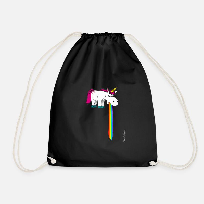Cute unicorn vomits in the beam rainbow - Drawstring Bag - black