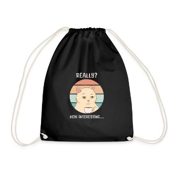 Bored Cat Drinking Coffee Sarcastic Work Job - Drawstring Bag - black - Front