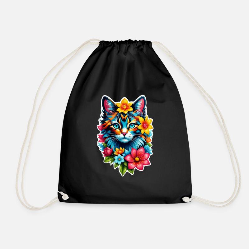 Katze und Blume Aquarell - Turnbeutel - Schwarz