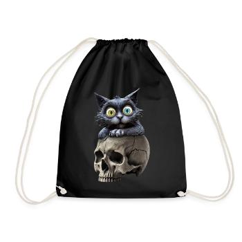 A mysterious cat, stately seated on a skull - Drawstring Bag - black - Front