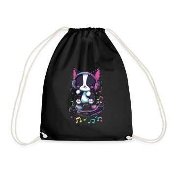 Cute cat with headphones and record - Drawstring Bag - black - Front