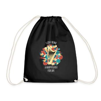 Harfe Geschenk Musikinstrument Musiker Zupfen - Turnbeutel - Schwarz - Vorne
