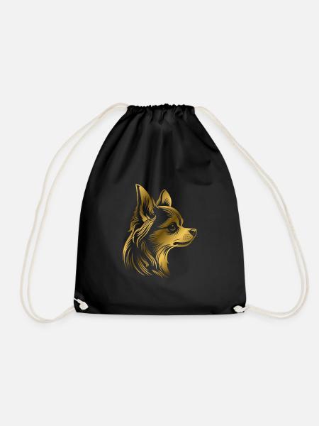Chihuahua, long hair, dog head, drawing gold - Drawstring Bag - black