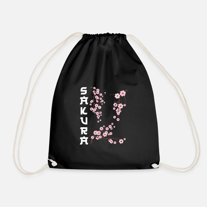 Japanese Cherry Blossom Sakura - Drawstring Bag - black