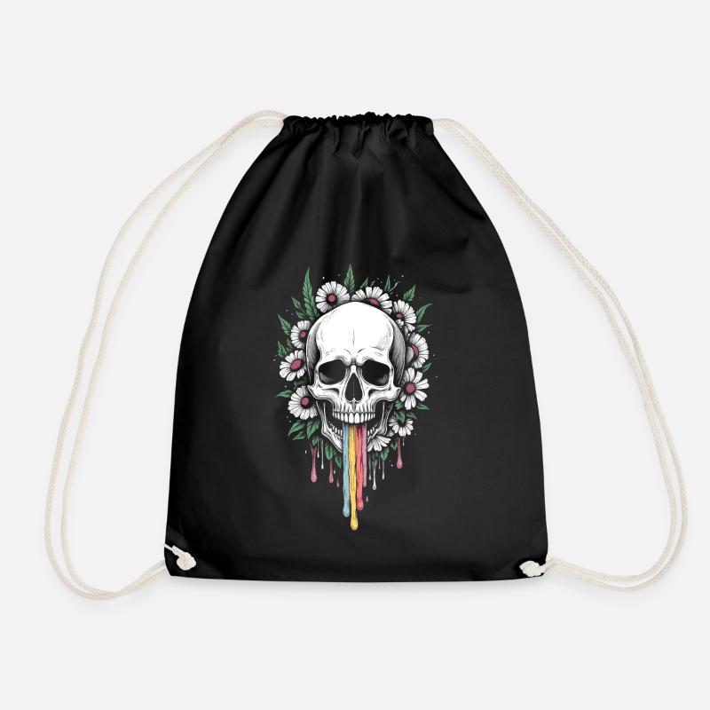 Floral Skull with Rainbow - Drawstring Bag - black