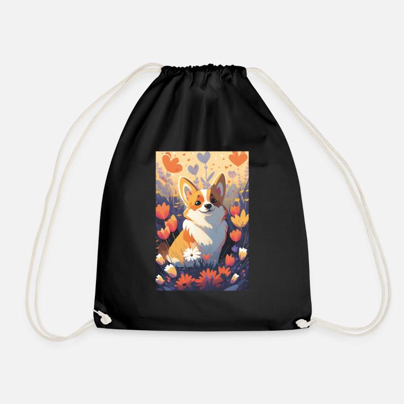 Happy Corgi in farbigen Blumen - Turnbeutel - Schwarz
