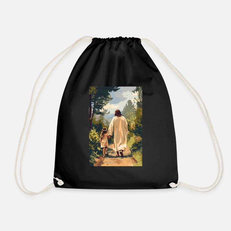 Jesus wandert mit einem kleinen Mädchen, - Turnbeutel - Schwarz