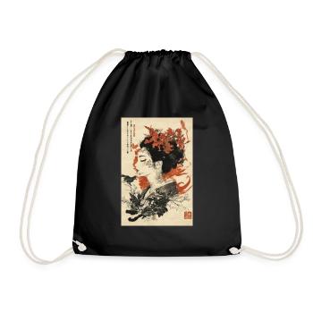 Floral Geisha Ink Art - Drawstring Bag - black - Front