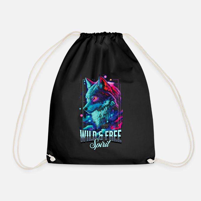 Wolf Wolf Head Predator Wilderness Neon Colorful Art - Drawstring Bag - black